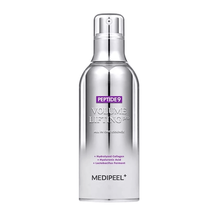 Medi-Peel Peptide 9 Volume Lifting All In One Essence Pro esencja – koreańska esencja przeciwstarzeniowa z peptydami, kolagenem i kwasem hialuronowym, która pomaga nawilżać i ujędrniać skórę.