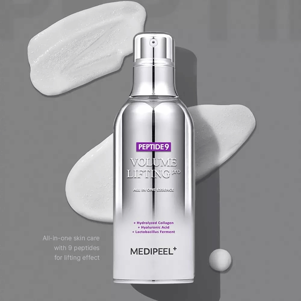 Medi-Peel Peptide 9 Volume Lifting All In One Essence Pro – koreańska esencja z peptydami, kolagenem i kwasem hialuronowym, która pomaga nawilżać skórę i poprawiać jej elastyczność.