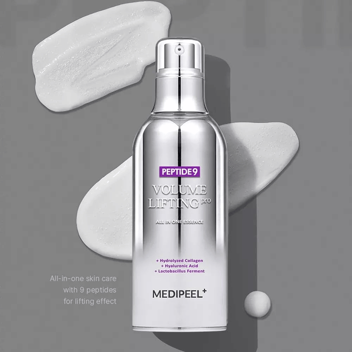 Medi-Peel Peptide 9 Volume Lifting All In One Essence Pro – koreańska esencja z peptydami, kolagenem i kwasem hialuronowym, która pomaga nawilżać skórę i poprawiać jej elastyczność.