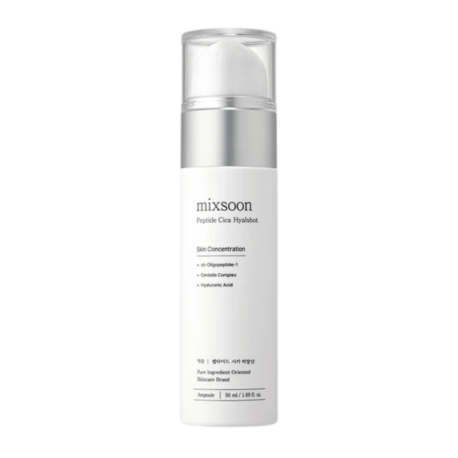 Mixsoon Peptide Cica Hyalshot – fuktgivande serum med centella och hyaluronsyra i stilren vit flaska med silverdetaljer. Passar känslig hud och bidrar till att stärka hudbarriären.