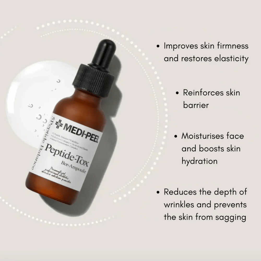 MEDI-PEEL Peptide-Tox Bor Ampoule – koreańskie serum do twarzy z peptydami, które poprawia jędrność skóry, wzmacnia barierę skórną, głęboko nawilża i zmniejsza widoczność zmarszczek.