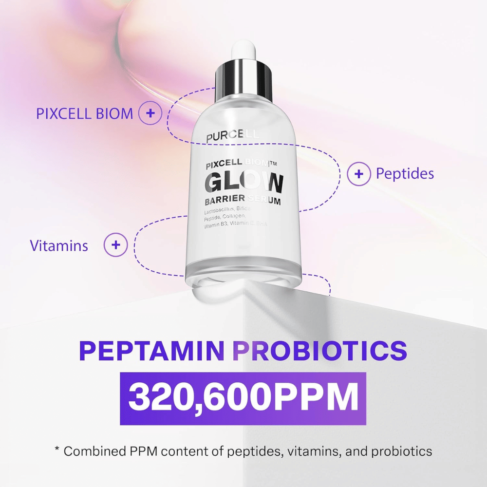 PURCELL Pixcell Biom Glow Barrier Serum z Peptamin Probiotics 320 600 PPM – połączenie peptydów, witamin i probiotyków.