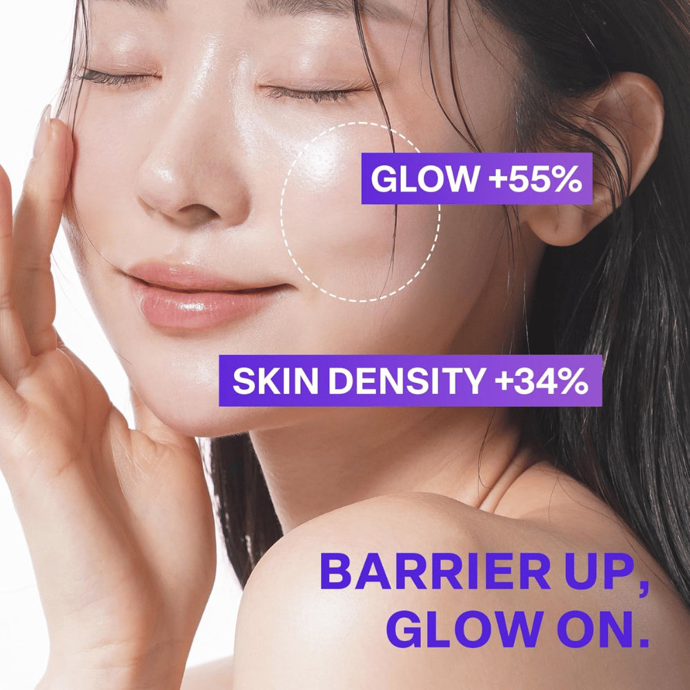 Zbliżenie na kobietę z promienną cerą po użyciu PURCELL Pixcell Biom Glow Barrier Serum. Blask skóry zwiększa się o 55% a gęstość o 34%.