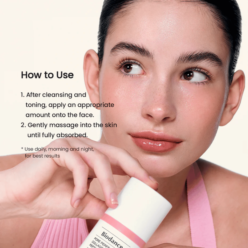 Biodance Pore Perfecting Collagen Peptide Cream aplikacja po oczyszczeniu – nawilżający i ujędrniający krem do twarzy z peptydami i kolagenem