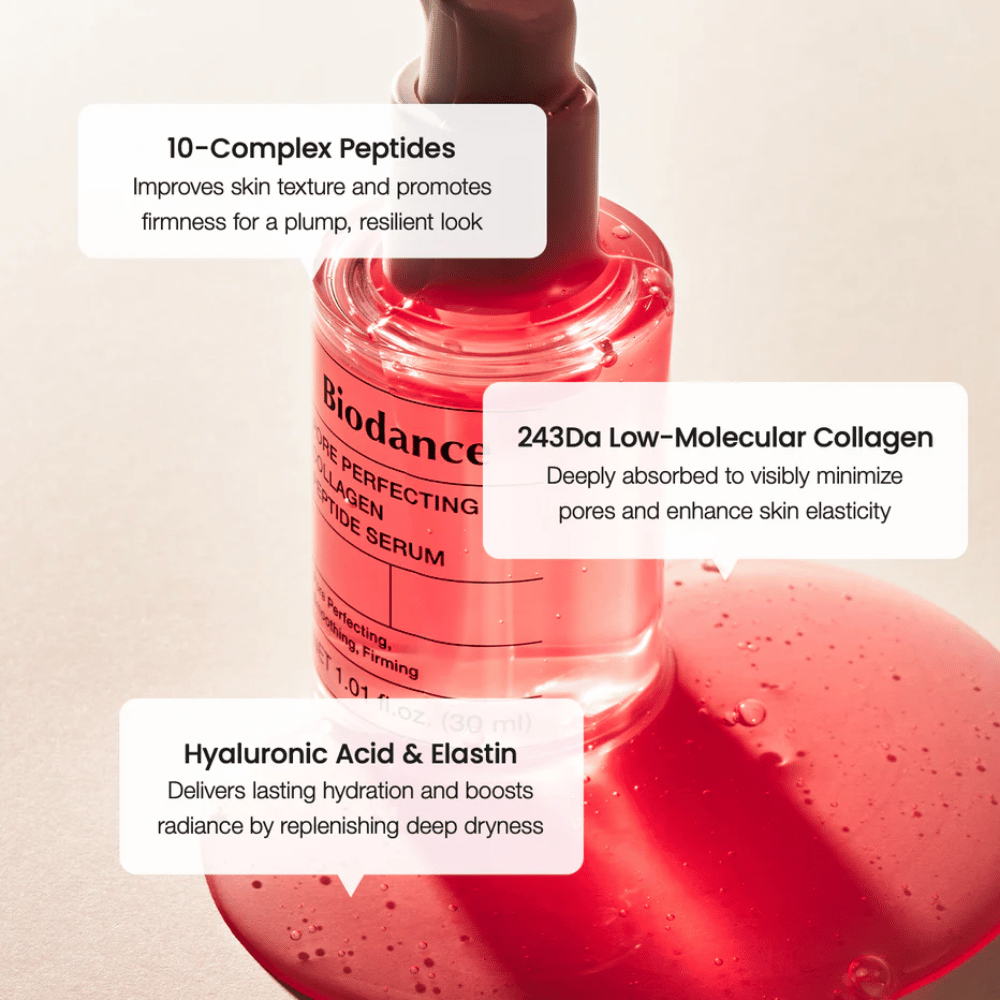 Biodance Pore Perfecting Collagen Peptide Serum z peptydami, kolagenem i kwasem hialuronowym dla jędrniejszej skóry.
