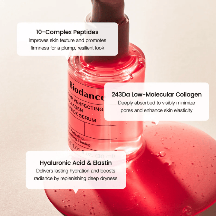 Biodance Pore Perfecting Collagen Peptide Serum z peptydami, kolagenem i kwasem hialuronowym dla jędrniejszej skóry.