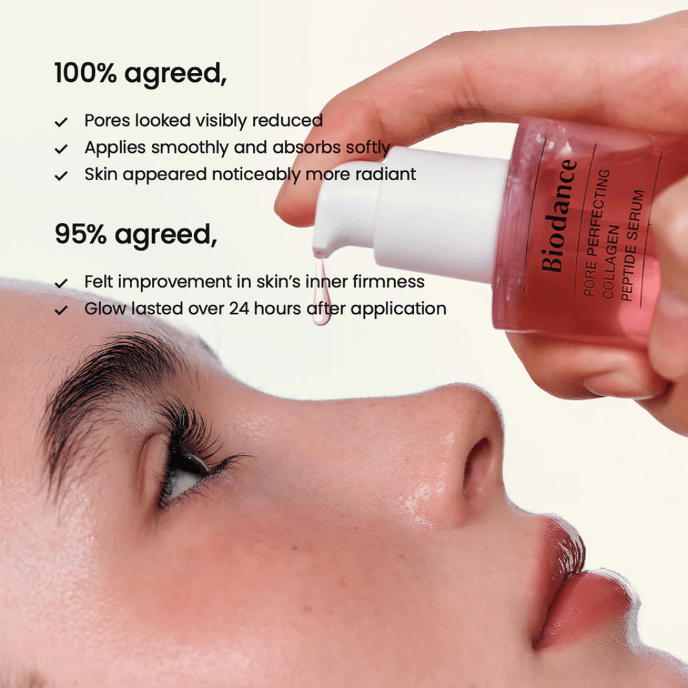Biodance Collagen Peptide Serum nakłada się na twarz – ujędrniające serum zmniejszające pory i zwiększające blask.
