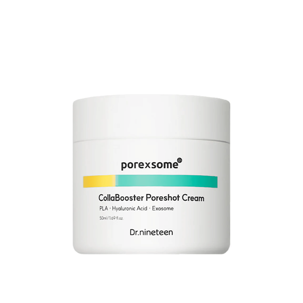 Zdjęcie produktu Porexsome CollaBooster Poreshot Cream w białym słoiku z detalami w kolorze żółtym i turkusowym. Krem do twarzy zmniejszający pory i nawilżający.