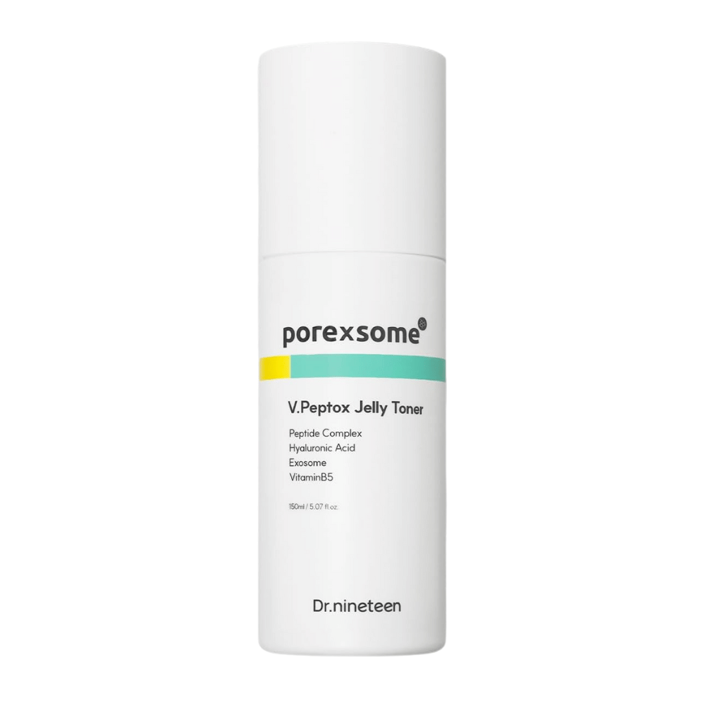 Obraz produktu Dr.nineteen Porexsome V.Peptox Jelly Toner w białej butelce. Nawilżający tonik z peptydami, egzosomami i witaminą B5.