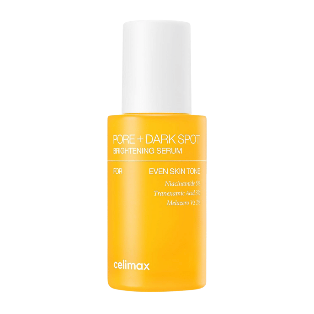 Celimax Pore + Dark Spot Brightening Serum w stojącej żółtej butelce z białą zakrętką, zawiera niacynamid, kwas traneksamowy i Melazero.