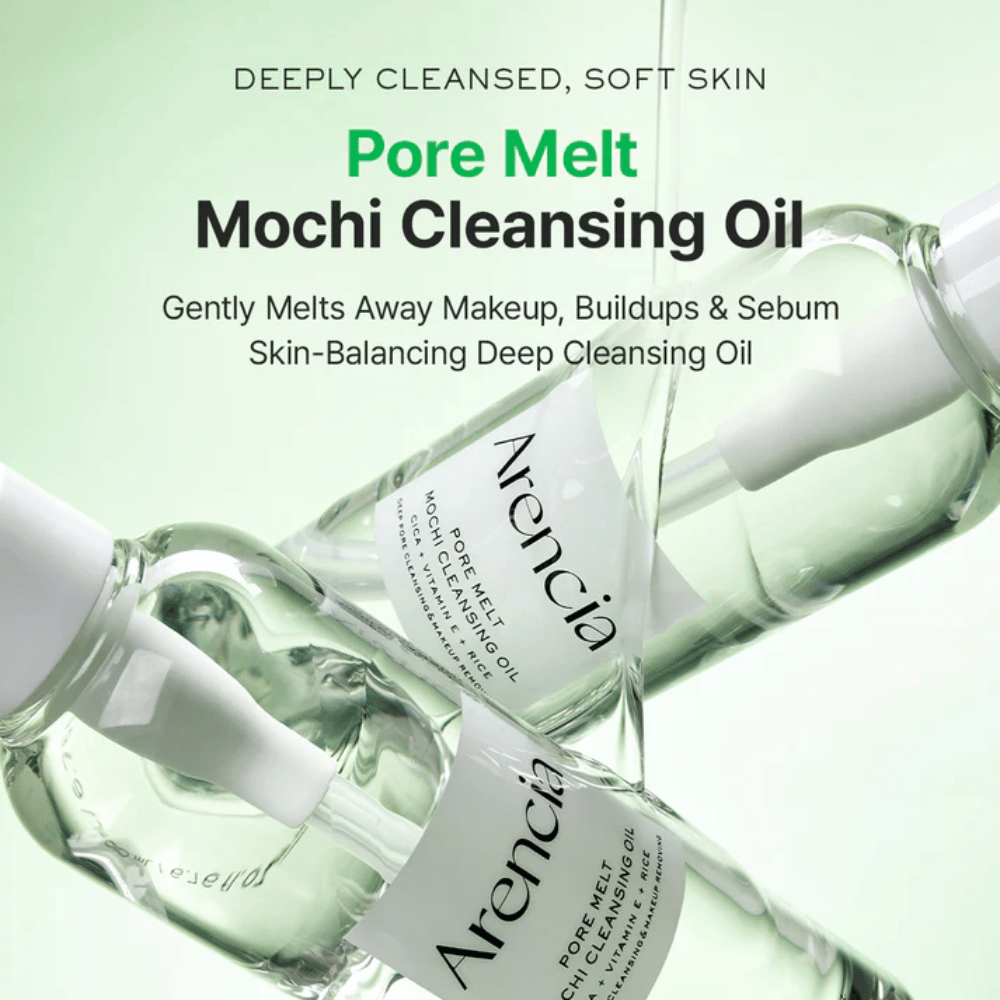 Zdjęcie produktu z zaletami dla Arencia Pore Melt Mochi Cleansing Oil, rozpuszcza makijaż i sebum, wspiera barierę skórną i pozostawia skórę miękką bez uczucia napięcia.