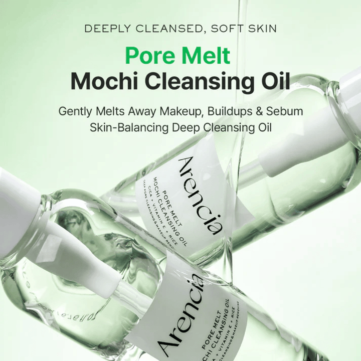 Zdjęcie produktu z zaletami dla Arencia Pore Melt Mochi Cleansing Oil, rozpuszcza makijaż i sebum, wspiera barierę skórną i pozostawia skórę miękką bez uczucia napięcia.