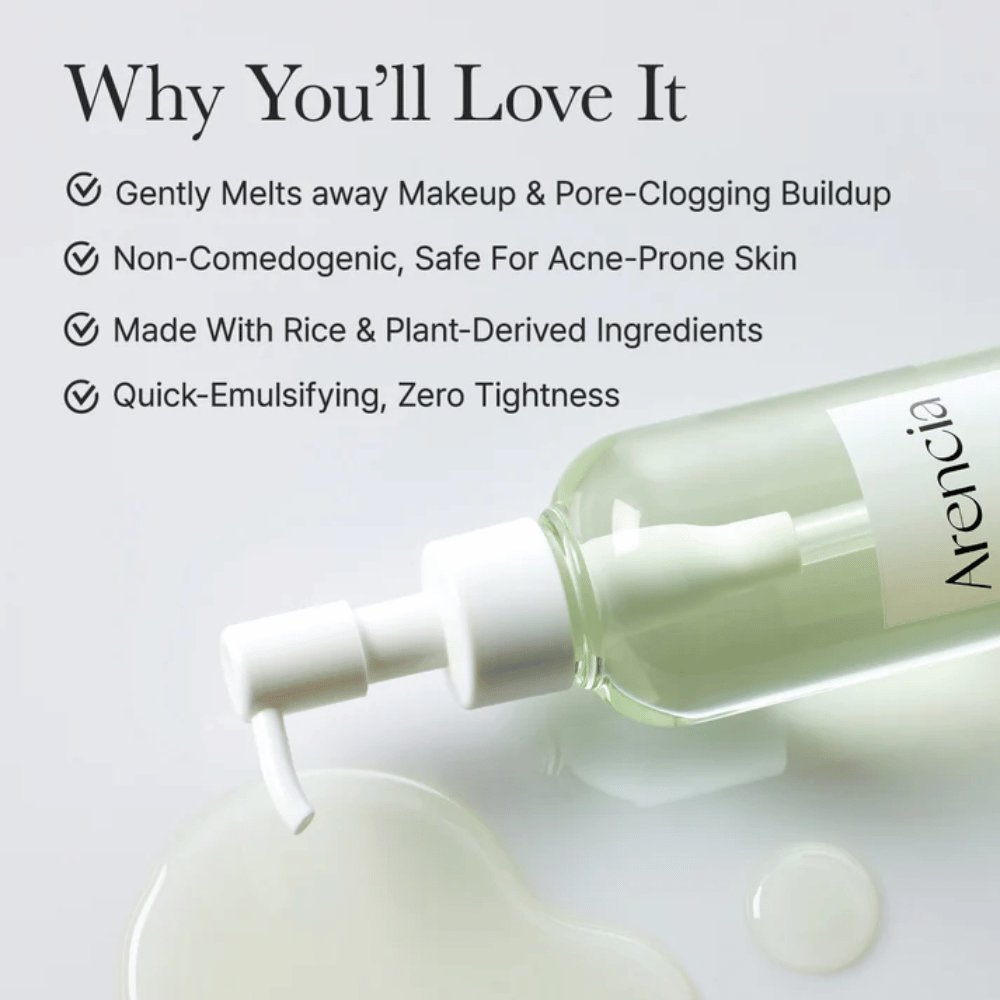 Obraz informacyjny o Arencia Pore Melt Mochi Cleansing Oil jako 100% przyjazny dla porów i niekomedogenny, opracowany dla skóry wrażliwej i skłonnej do trądziku.