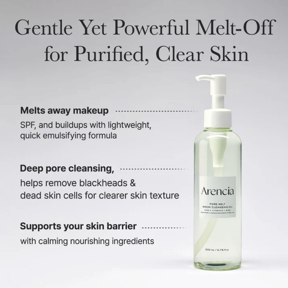 Arencia Pore Melt Mochi Cleansing Oil w pełnym kadrze z tekstem o głębokim oczyszczaniu, rozpuszcza makijaż, SPF i zanieczyszczenia, jednocześnie utrzymując równowagę nawilżenia skóry.