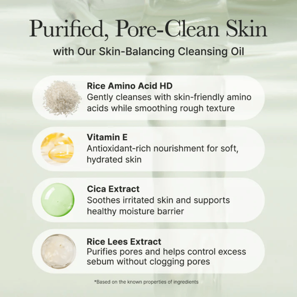 Przegląd składników dla Arencia Pore Melt Mochi Cleansing Oil z aminokwasami ryżowymi, witaminą E, ekstraktem z cica i ekstraktem z osadów ryżowych dla łagodnego oczyszczania i wzmocnionej bariery skórnej.