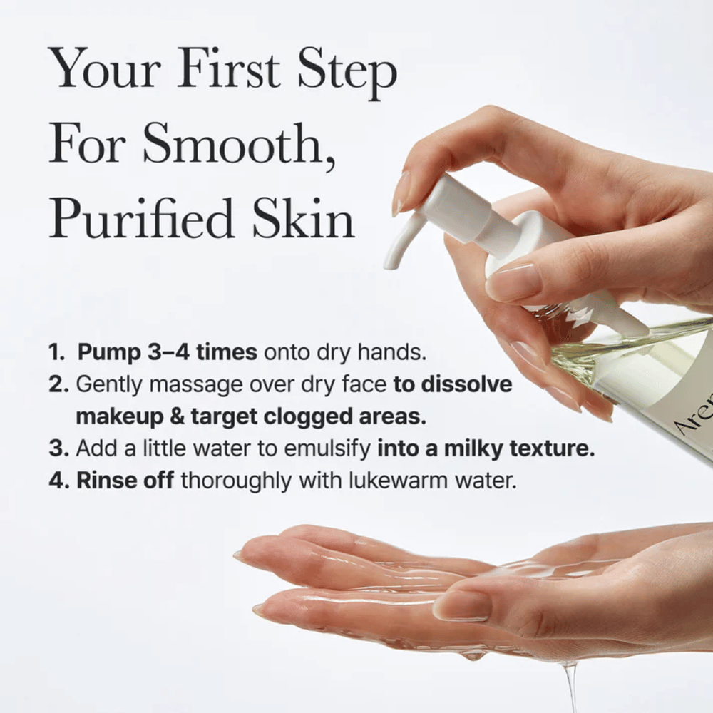 Obraz instruktażowy pokazujący, jak Arencia Pore Melt Mochi Cleansing Oil jest używany jako pierwszy krok w rutynie oczyszczania dla gładszej, czystszej i bardziej zrównoważonej skóry.