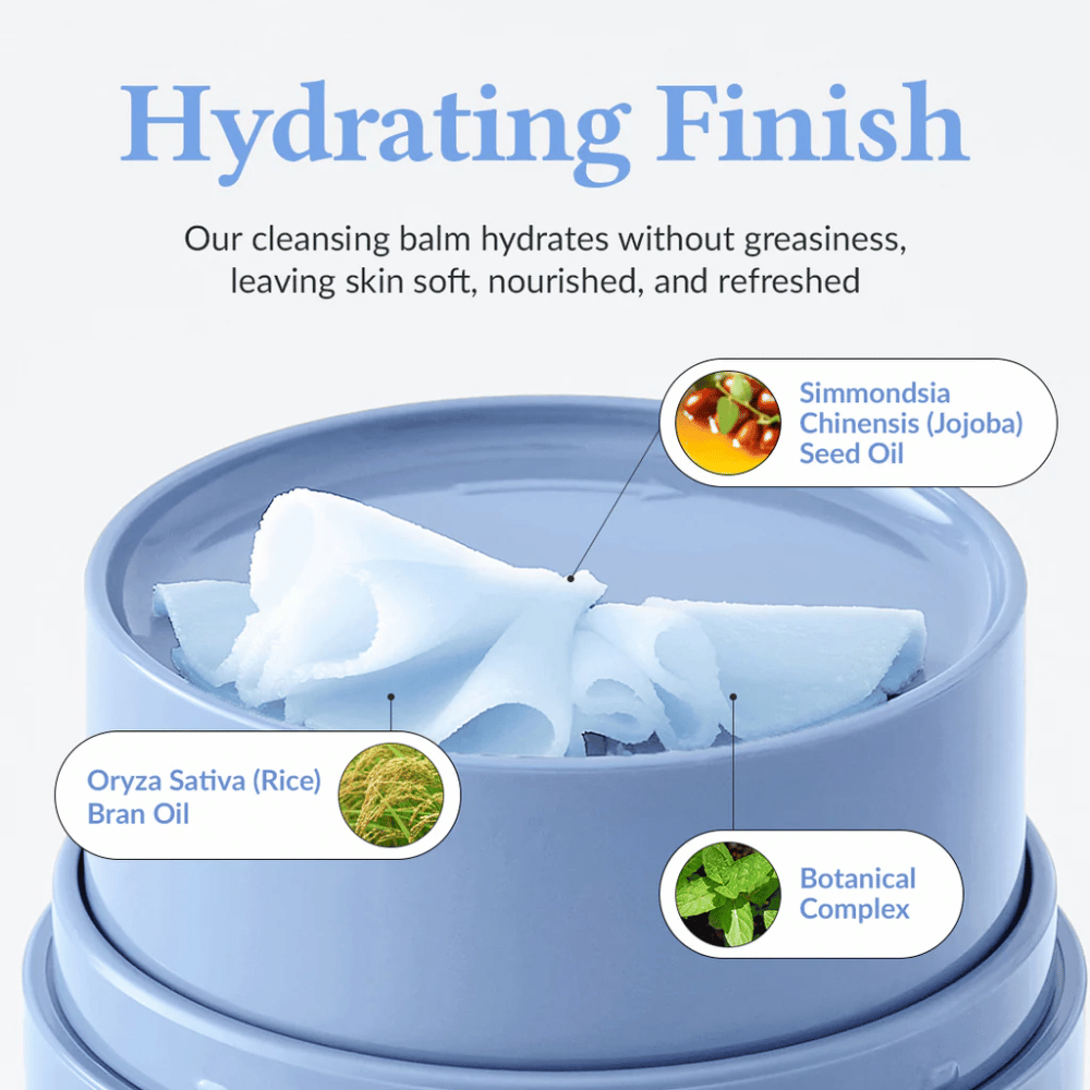 Dr.Althea Pore Refresh Grinding Cleansing Balm z napisem "Hydrating Finish" powyżej. Produkt zawiera Simmondsia Chinensis (Jojoba) Seed Oil, Oryza Sativa (Rice) Bran Oil oraz kompleks botaniczny. Krem zapewnia nawilżający efekt bez uczucia tłustości, pozostawiając skórę miękką, odżywioną i świeżą.