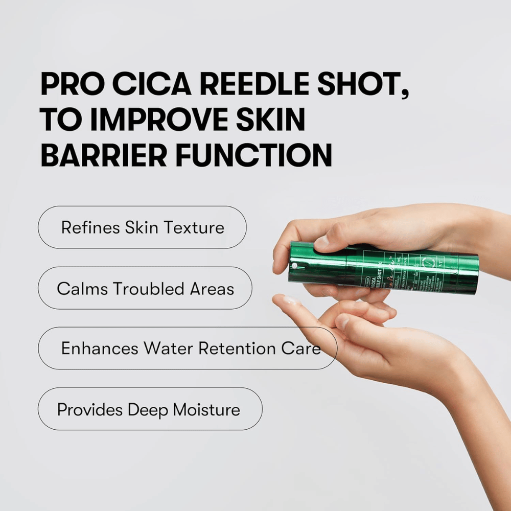 VT Cosmetics Pro Cica Reedle Shot 100 nakłada się na skórę, aby poprawić barierę skórną, ukoić wrażliwą skórę i zapewnić głębokie nawilżenie