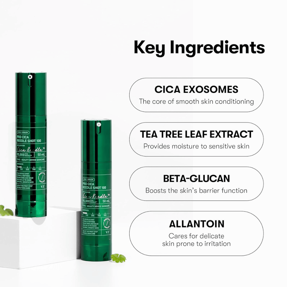 VT Cosmetics Pro Cica Reedle Shot 100 z kluczowymi składnikami, takimi jak egzomy CICA, ekstrakt tea tree, beta-glukan i allantoina dla kojącej i wzmacniającej barierę pielęgnacji skóry
