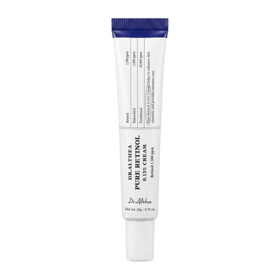Zdjęcie produktu na białym tle przedstawiające Dr. Althea Pure Retinol 0.15% Cream. Minimalistyczny design tubki podkreśla czysty i kliniczny charakter produktu, a jednocześnie stężenie retinolu jest wyraźnie zakomunikowane na opakowaniu.