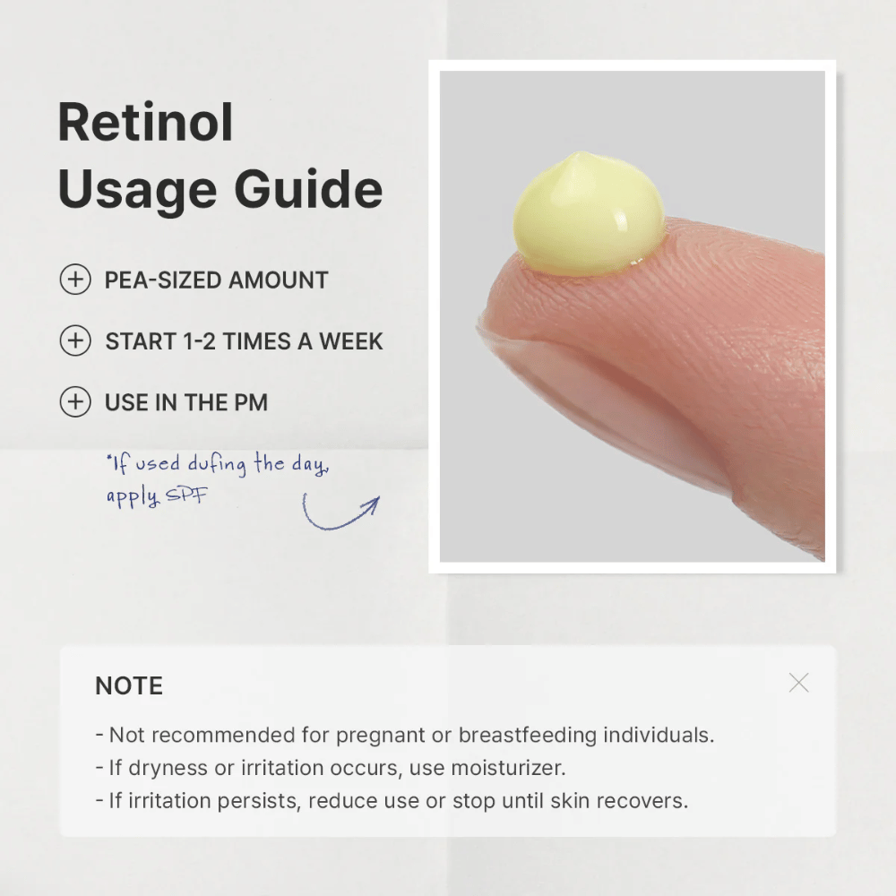 Grafika instruktażowa wyjaśniająca, jak należy wprowadzać retinol do rutyny pielęgnacyjnej. Nacisk położono na stosowanie ilości wielkości ziarnka grochu, rozpoczęcie od 1–2 razy w tygodniu oraz aplikację wieczorem. Obraz zawiera również ważne informacje o ostrożności w czasie ciąży, karmienia piersią oraz w przypadku ewentualnych podrażnień.