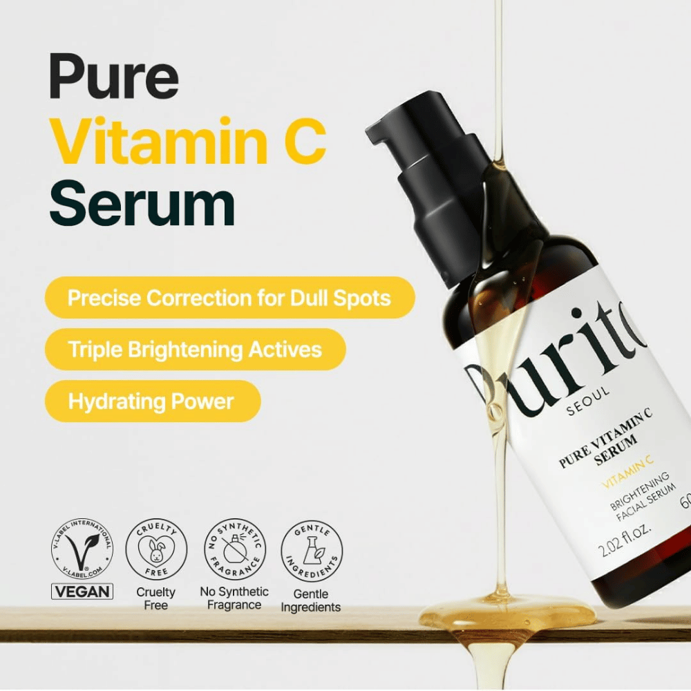 Purito SEOUL Pure Vitamin C Serum z witaminą C, nawilżającą wodą bambusową i składnikami dodającymi blasku – wegańska i cruelty-free formuła bez syntetycznych substancji zapachowych.