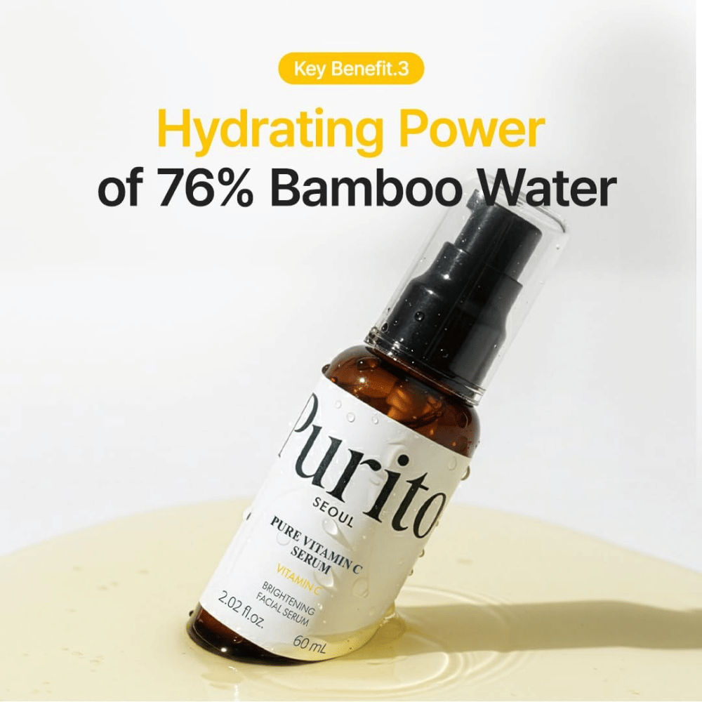Purito SEOUL Pure Vitamin C Serum z 76% wodą bambusową, która pomaga nawilżać skórę, jednocześnie nadając serum blask.