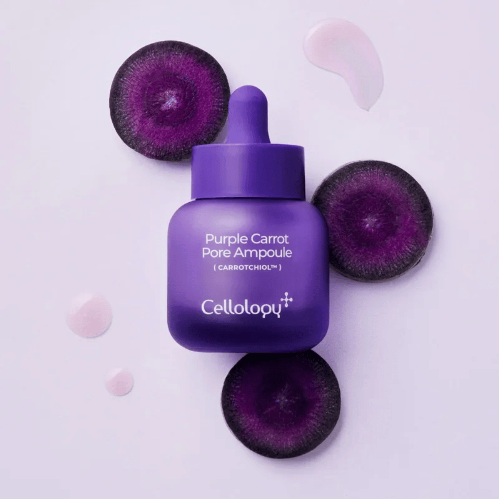 Cellology Purple Carrot Pore Ampoule z fioletową marchewką i Carrotchiolem do pielęgnacji porów i gładszego odczucia skóry.