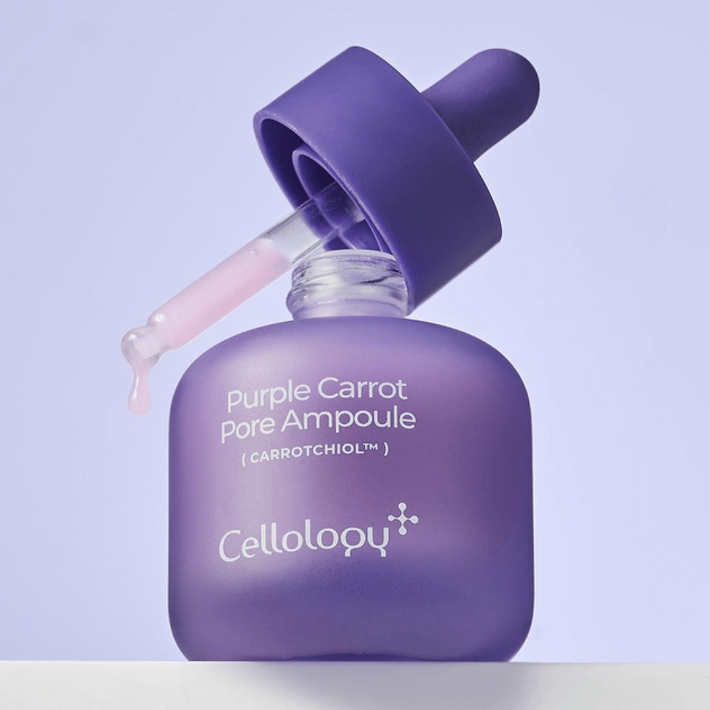 Cellology Purple Carrot Pore Ampoule z pipetą, pokazujące miękką, kremową konsystencję ampułki.