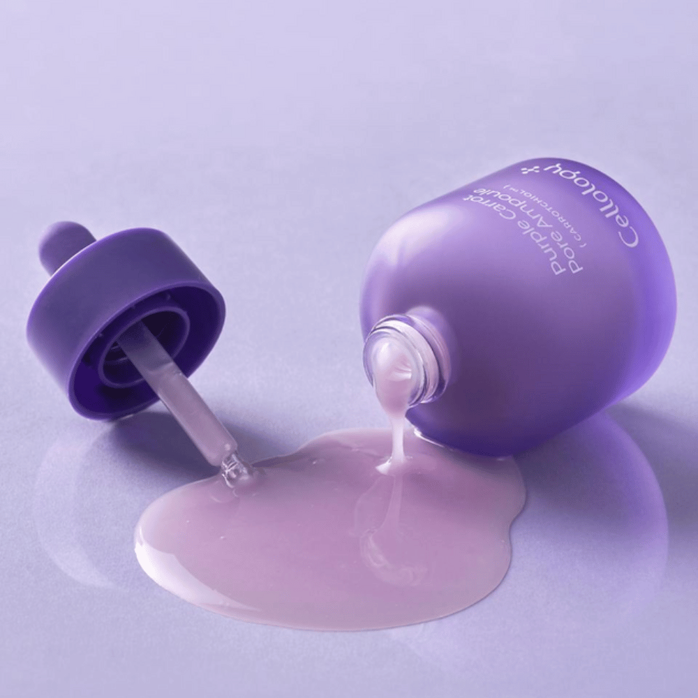 Cellology Purple Carrot Pore Ampoule z pipetą i kremową konsystencją serum do pielęgnacji widocznych porów.