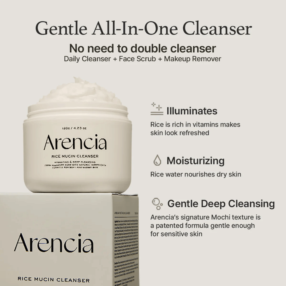 Arencia Rice Mucin Cleanser pokazany razem z opakowaniem. Tekst podkreśla trzy Zalety: rozświetlające z witaminami z ryżu, nawilżające z wodą ryżową oraz delikatne głębokie oczyszczanie z teksturą Mochi – wszystko w jednym produkcie.