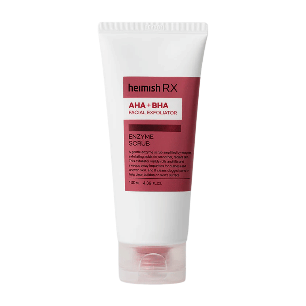 Heimish RX AHA + BHA Enzyme Scrub w białej tubce z czerwoną etykietą. Peeling do twarzy zawierający AHA i BHA, aby usunąć zanieczyszczenia i poprawić strukturę skóry. Produkt umieszczony na białym tle.