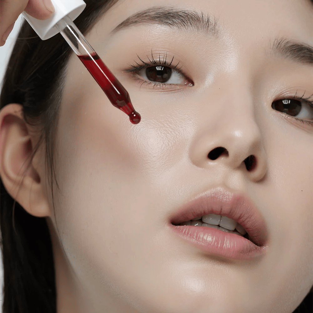 Zbliżenie na kobietę z gładką skórą, która aplikuje Heimish RX AHA BHA 30% Peeling Serum za pomocą pipety, gdzie czerwona kropla ma zamiar dotknąć jej policzka.