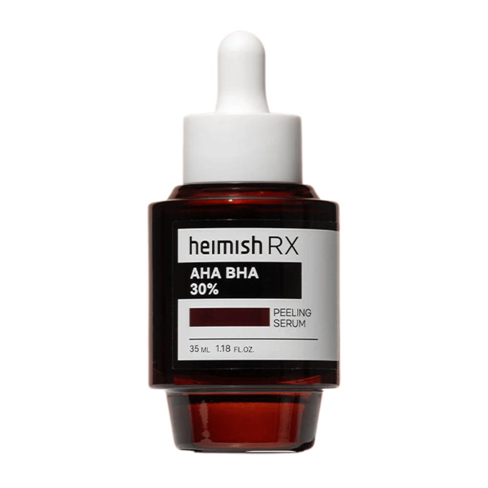 Heimish RX AHA BHA 30% Peeling Serum w ciemnoczerwonej szklanej butelce z pipetą, zaprojektowany do złuszczania i poprawy tekstury skóry.