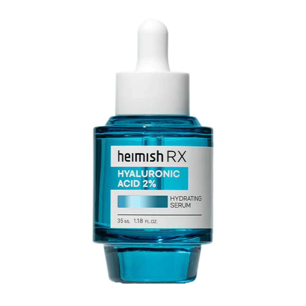 Heimish RX Kwas hialuronowy 2% Serum nawilżające w niebieskiej szklanej butelce z zakrętką z pipetą, zaprojektowane do intensywnego nawilżania skóry.