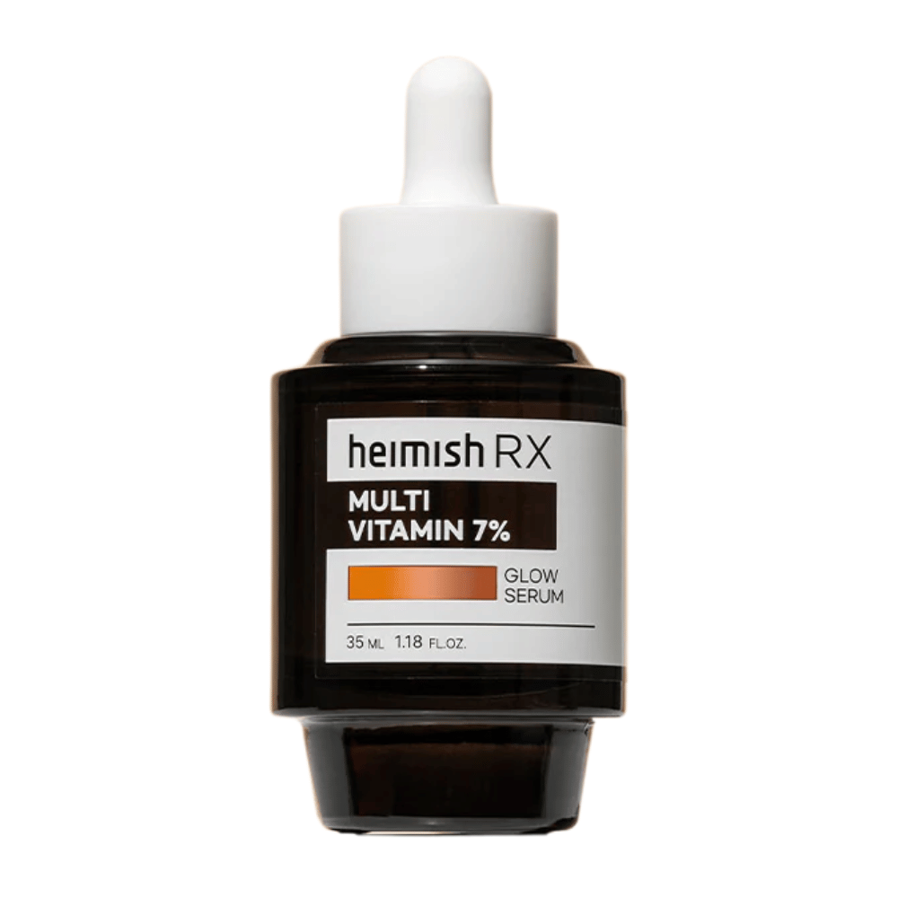 Heimish RX Multi Vitamin 7% Glow Serum w ciemnej szklanej butelce z zakrętką z pipetą, zaprojektowany, aby dodać blasku i odżywić skórę.