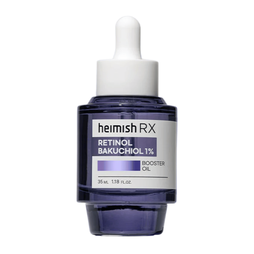 Heimish RX Retinol Bakuchiol Booster Oil w eleganckiej fioletowej szklanej butelce z pipetą, zaprojektowanej w celu poprawy elastyczności skóry i redukcji drobnych linii.