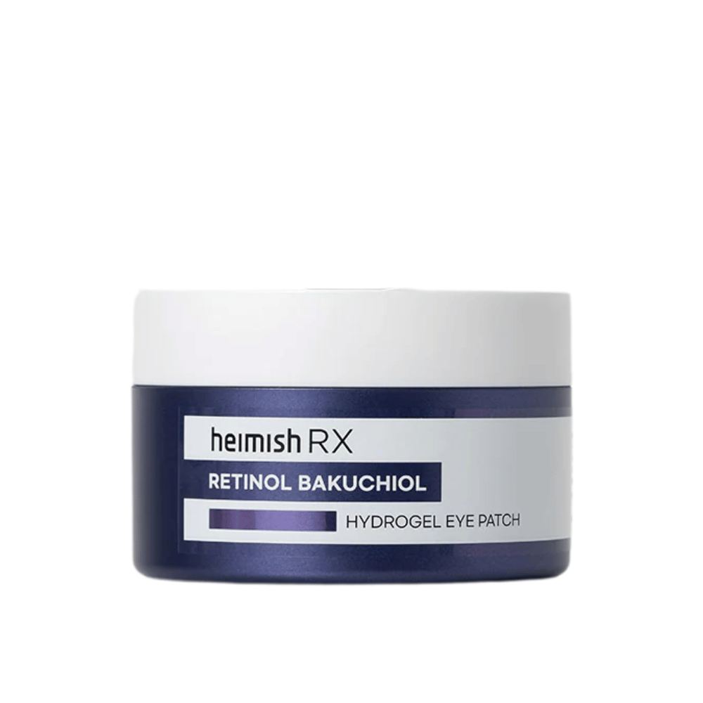 Heimish RX Retinol Bakuchiol Hydrogel Eye Patch w ciemnoniebieskim słoiku z białą pokrywką. Intensywnie nawilżające i ujędrniające płatki pod oczy dla młodszego wyglądu.