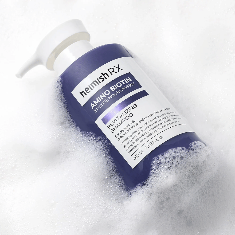 Heimish RX Amino Biotin Revitalizing Shampoo 400 ml w piance – odżywczy szampon do suchych włosów, który delikatnie oczyszcza i nawilża skórę głowy.