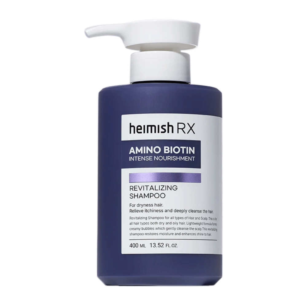 Heimish RX Amino Biotin Revitalizing Shampoo 400 ml – odżywczy szampon do suchych i pozbawionych życia włosów, z biotyną i aminokwasami, aby wzmocnić i nawilżyć włosy oraz skórę głowy.