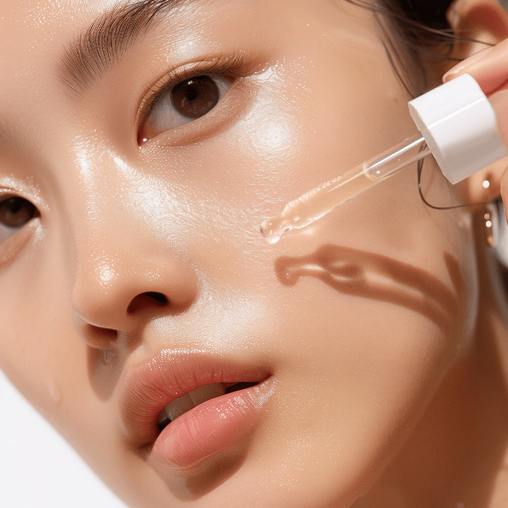 Zbliżenie osoby z promienną skórą, która aplikuje Heimish RX Retinol Bakuchiol Booster Oil za pomocą pipety. Olejek delikatnie kapie na policzek dla intensywnego nawilżenia i odżywienia.