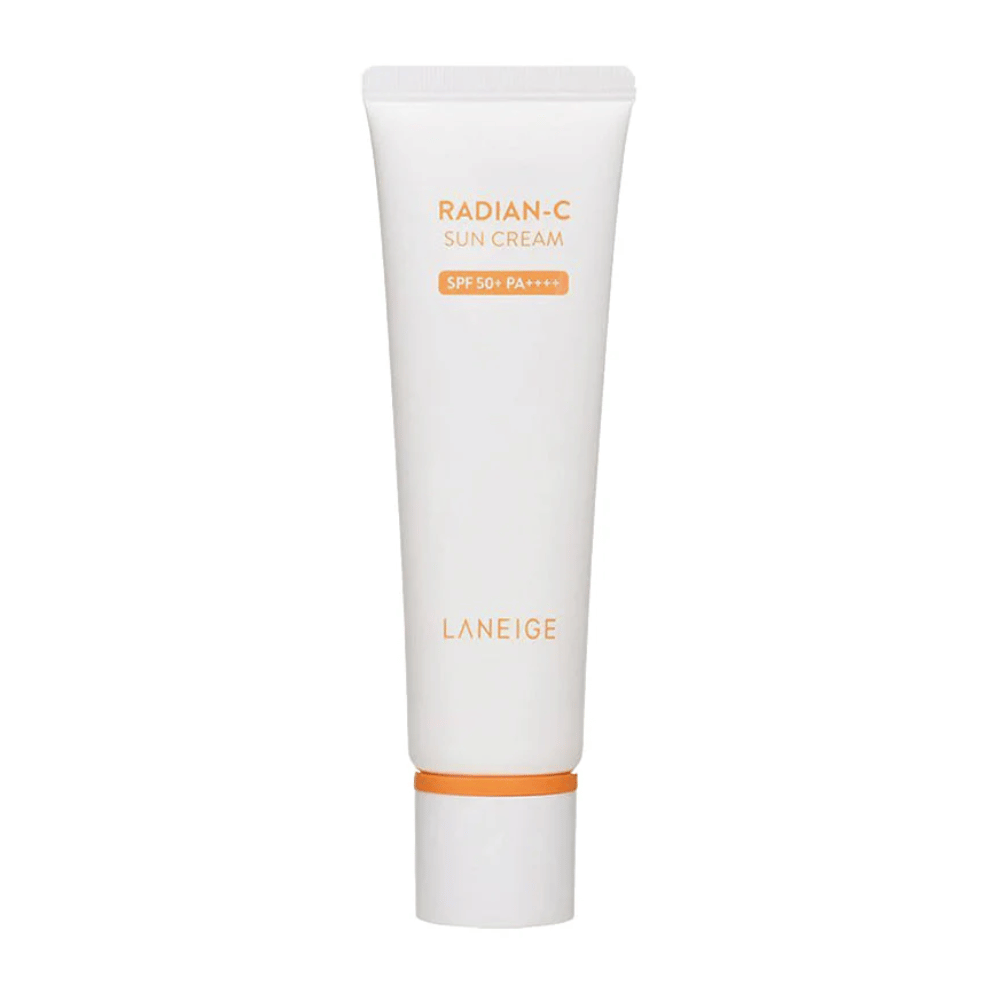 LANEIGE Radian-C Sun Cream SPF 50+ PA++++ w białej tubie z pomarańczowym tekstem, na białym tle.