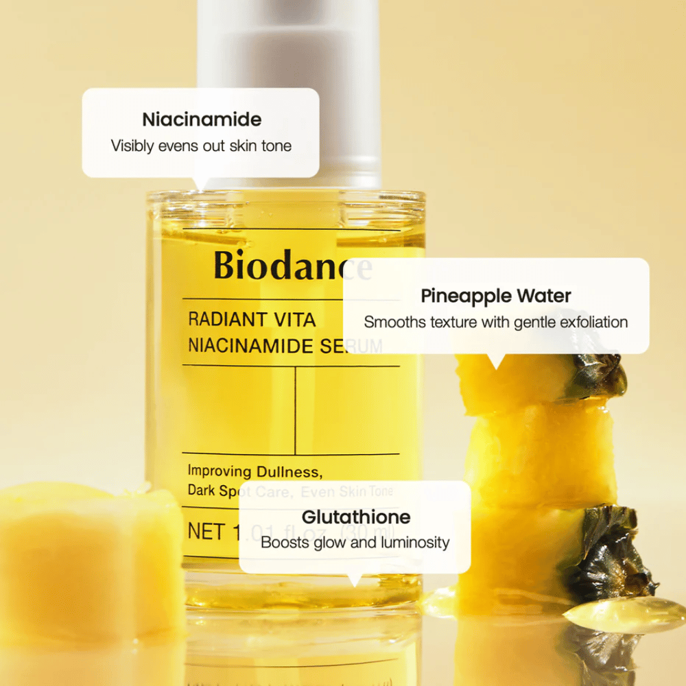 Biodance Radiant Vita Niacinamide Serum z niacynamidem, wodą ananasową i glutationem dla blasku, równego kolorytu skóry i łagodnego złuszczania