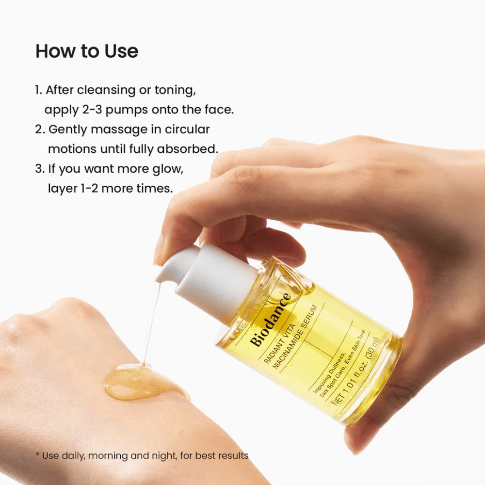 Biodance Radiant Vita Niacinamide Serum nakłada się na rękę – jak używać serum po oczyszczeniu dla bardziej jednolitego kolorytu skóry i blasku