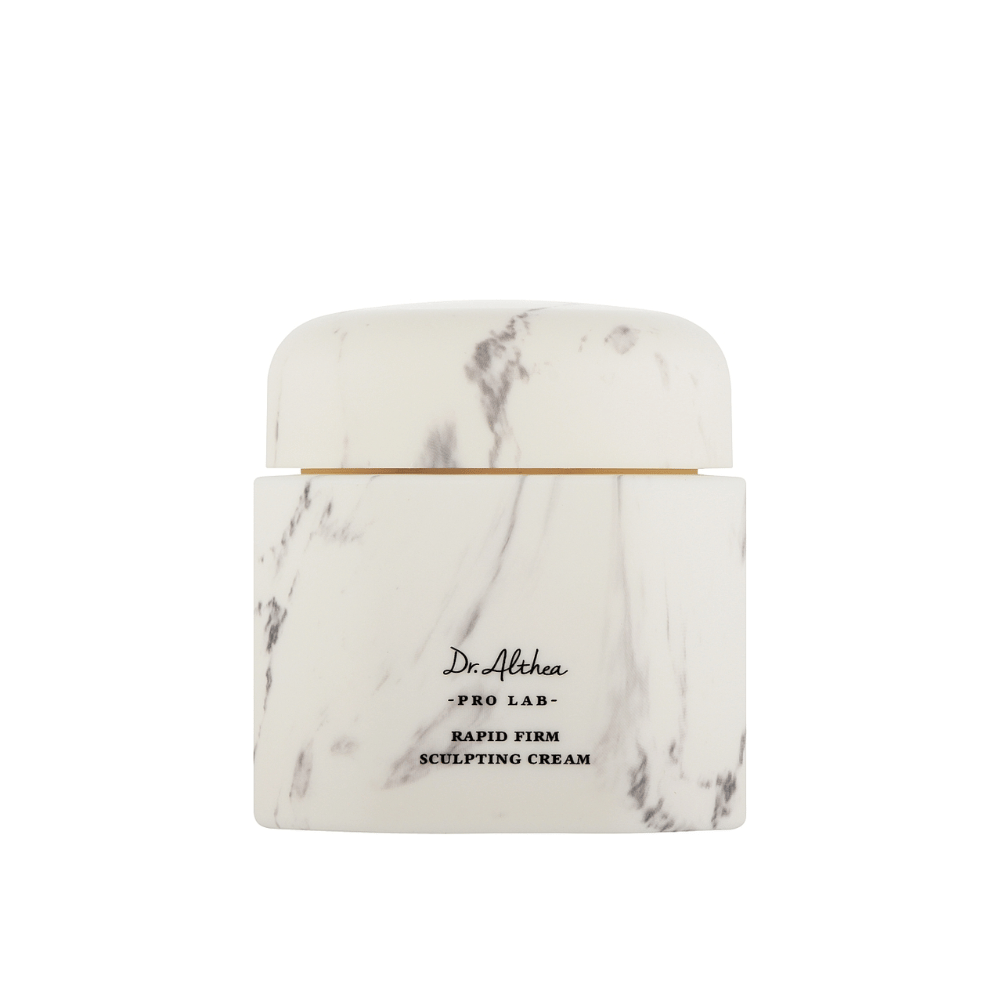 Dr. Althea Pro Lab Rapid Firm Sculpting Cream w stylowym marmurowym słoiku. Luksusowy krem do twarzy, który napina i nawilża skórę, koncentrując się na podnoszeniu i wsparciu dla młodzieńczego blasku.