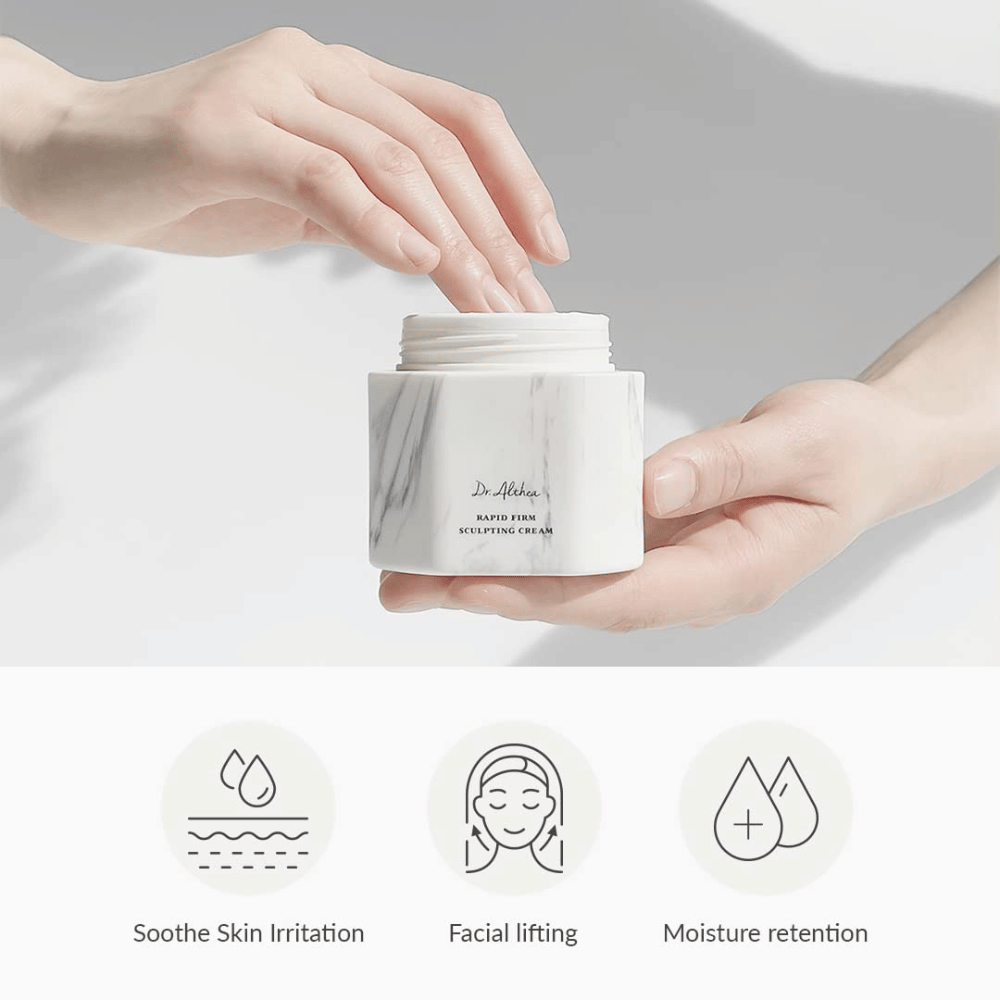 Dr. Althea Rapid Firm Sculpting Cream w eleganckim opakowaniu z marmuru. Produkt oferuje korzyści, takie jak łagodzenie podrażnień skóry, lifting twarzy i utrzymanie wilgoci. Idealny do wzmacniania i liftingu skóry.