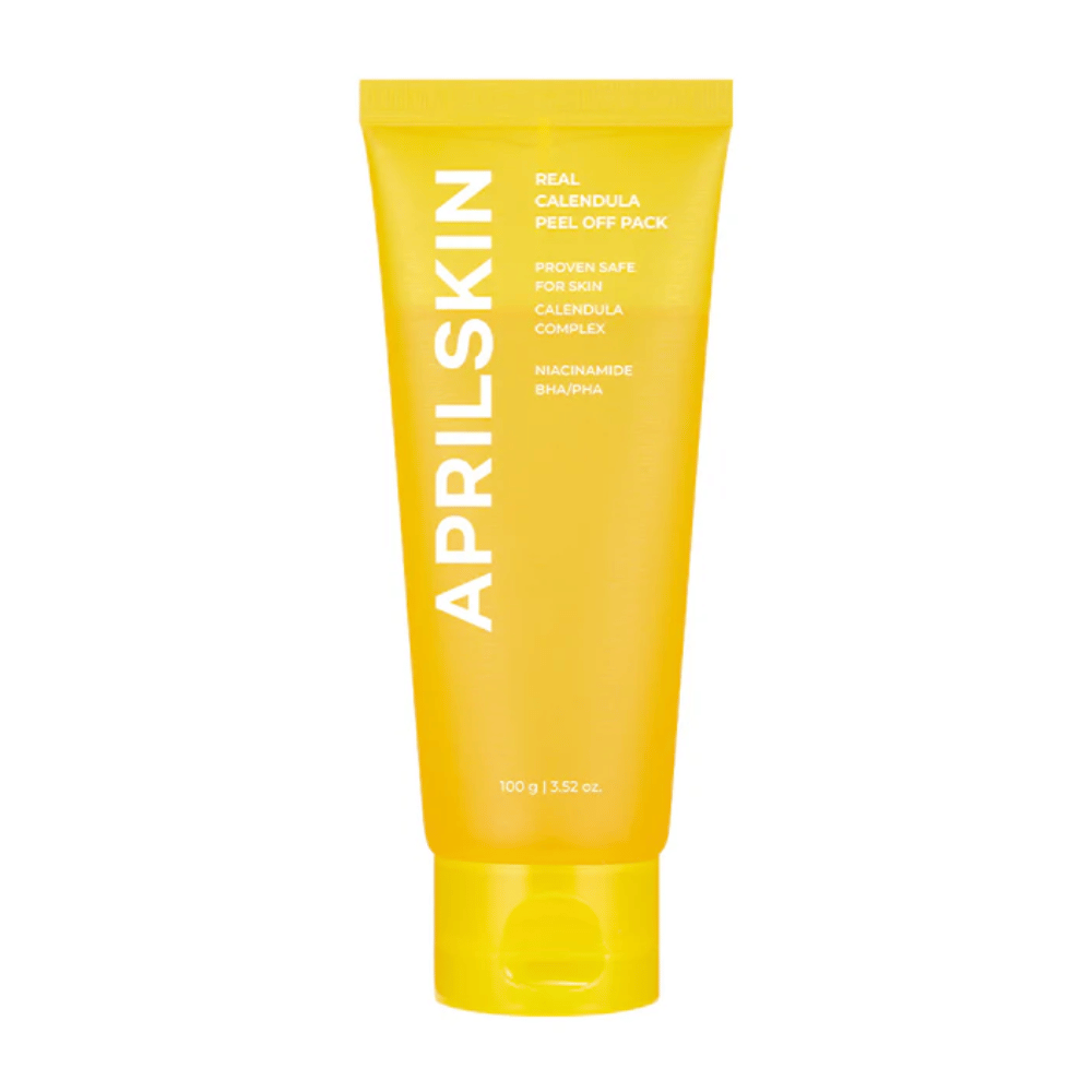 Obrazek przedstawia żółtą tubkę z "Real Calendula Peel Off Pack" od APRILSKIN. Produkt zawiera składniki takie jak nagietek, niacynamid oraz BHA i PHA, aby delikatnie złuszczać skórę.