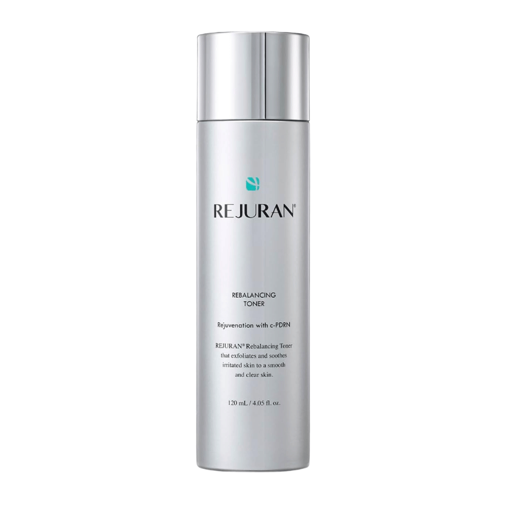 Rejuran Rebalancing Toner 120 ml, balansujący tonik do twarzy z C-PDRN w srebrnej butelce z błyszczącą zakrętką na białym tle.