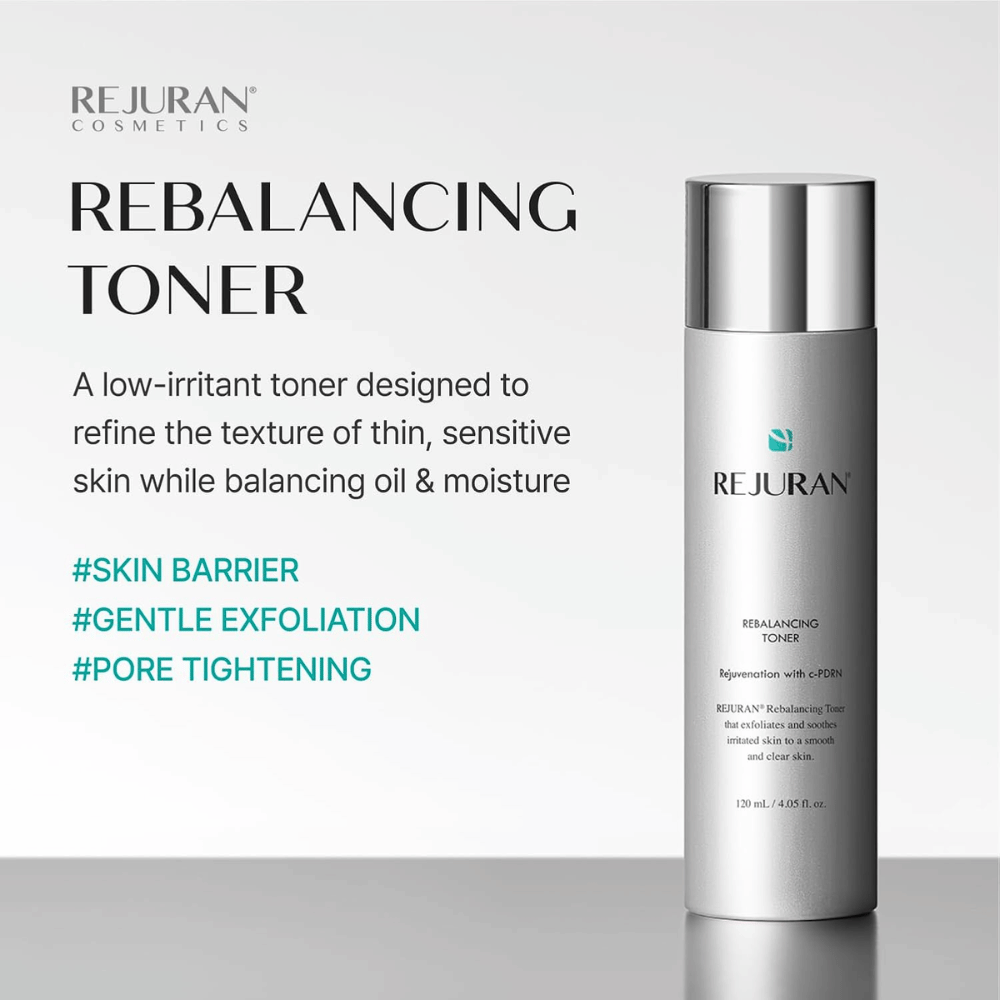 Rejuran Rebalancing Toner 120 ml, delikatnie złuszczający tonik do twarzy z C-PDRN do skóry wrażliwej. Srebrna butelka z informacjami o korzyściach produktu.