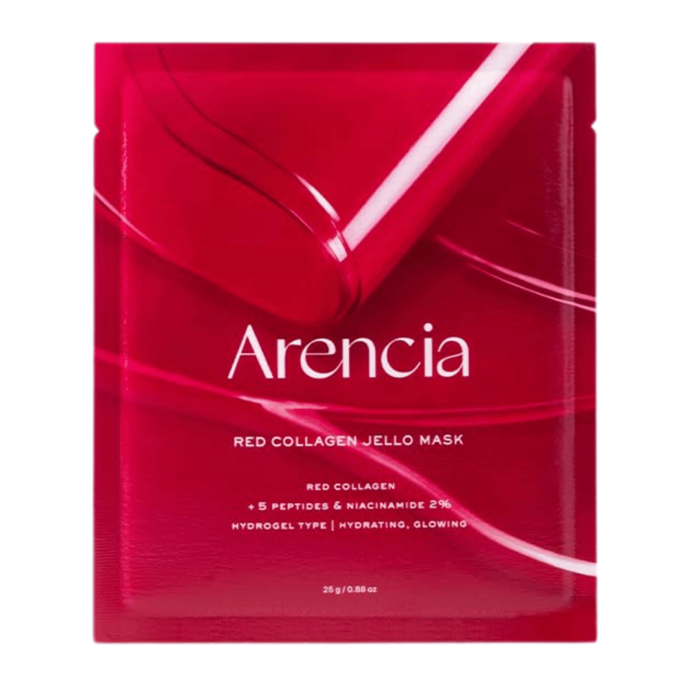 Zbliżenie na Arencia Red Collagen Jello Mask, które pokazuje żelową konsystencję i maskę bogatą w serum dla intensywnej pielęgnacji kolagenowej.